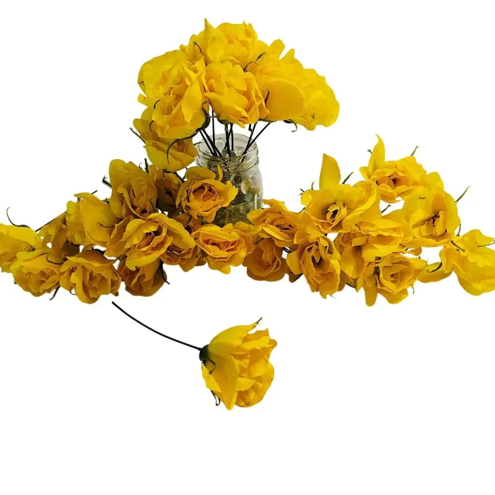 Yellow Artificial Silk Rose Buds Wired Stems Wedding Craft 2.5